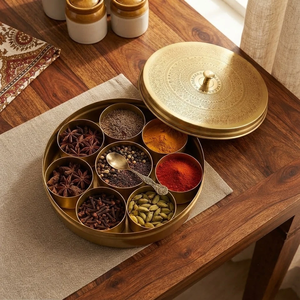 Caja de Especias de Latón Hecha a Mano con Tapa, Masala Dabba Tradicional, Contenedor de Almacenamiento de Especias Indias, Organizador de Condimentos de Cocina, Premium - Product Image 1