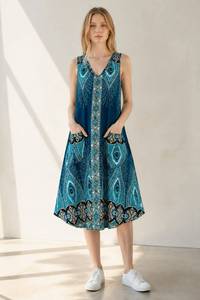 Modern Floral Print Knee-Length Halter Neck Boho A-Line Rayon Eco-Friendly Breathable <b>Loose</b> Summer <b>Dress</b> Sleeveless Elastic - Product Image 1