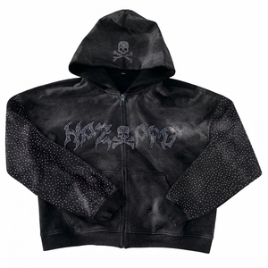 Sudadera con capucha negra para hombre con cremallera, lavado ácido, calaveras de diamantes de imitación, estilo gótico Y2K, hip hop, streetwear, transpirable, precio mayorista - Product Image 1