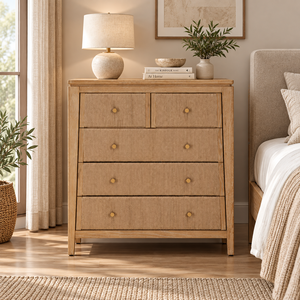 Commode haute à 5 tiroirs en chêne massif naturel, meuble de rangement traditionnel pour chambre à coucher avec tiroirs spacieux - Product Image 1