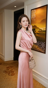 เดรสยาวทรงหรูสำหรับผู้หญิง จัดส่งรวดเร็ว ดีไซน์จีบระบาย คอปกโปโล แต่งเข็มขัด ผ้าซาตินรักษ์โลก ทรงเข้ารูปช่วงเอว - Product Image 6