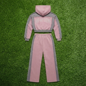 Conjunto de Sudadera Corta con Cremallera y Pantalones Jogger de Pierna Ancha para Mujer, con Bloques de Color y Detalles de Pedrería, Estilo Urbano - Product Image 6