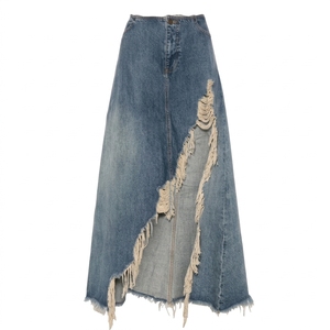 Jupe longue en jean délavé taille haute coupe ample pour femme, style vintage, décontractée, avec rivets, respirante, écologique, 100 % coton - Product Image 5