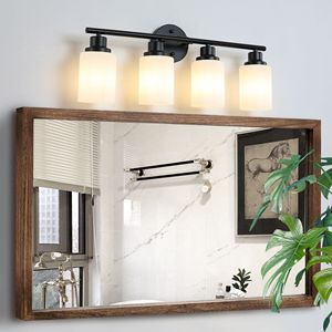 Specchio da Bagno Moderno a 4 Luci da 24 Pollici con Vetro Smerigliato Bianco e Cornice in Ferro Nero, Applique da Parete Contemporanea per Camera da Letto - Product Image 3