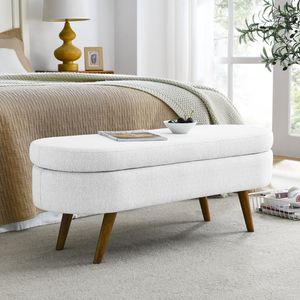 Panca Contenitore Ovale Bianca in Stile Ottomano con Gambe in Legno di Gomma 43.5"x16"x16" per Arredamento Soggiorno - Product Image 2