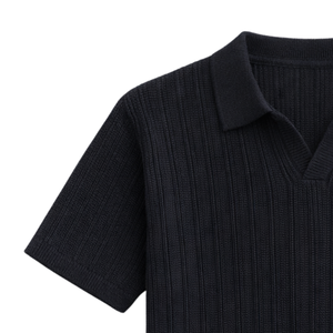 Polo homme noir en maille côtelée verticale, manches courtes, 100 % coton, coupe ajustée, respirant, décontracté, idéal pour l'été, pour la mode OEM et la vente en gros - Product Image 3