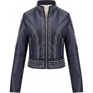 Women Studded Leather <b>Jacket</b> <b>Punk</b> Biker Black Motorcycle <b>Jacket</b> PU Genuine Leather Custom Logo OEM Wholesale Supply - Product Image 6