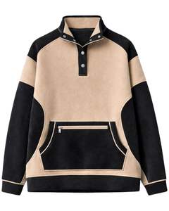 Sweat-shirt personnalisé beige et noir pour femme, en molleton, à capuche, coupe oversize, col montant à boutons-pression, décontracté d'hiver, avec poche zippée - Product Image 1