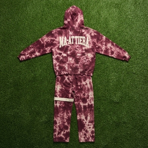 Conjunto de Sudadera con Capucha y Pantalones Anchos con Cremallera y Tie-Dye Borgoña para Hombre, Detalle de Correa en Contraste, Chándal Urbano, Personalizado OEM ODM - Product Image 6