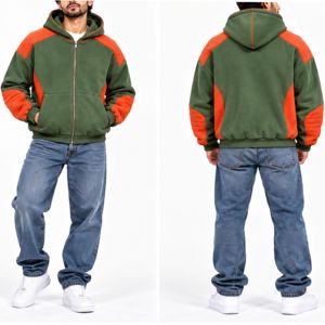 Sudadera con Capucha para Hombre, Color Verde y Naranja, Estilo Casual, Manga Raglán, Bolsillo, Felpa Francesa, 100% Algodón, Secado Rápido - Product Image 1