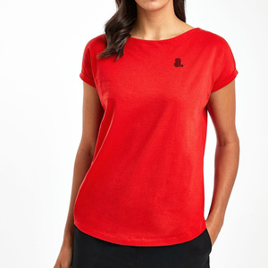 Camiseta Casual de Algodón Orgánico para Mujer, Cuello Redondo, Manga Corta, Color Rojo Sólido, Logotipo, Corte Regular, Tejido Jersey Transpirable, Ropa de Verano - Product Image 1