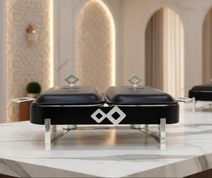 Luxury Arabic Double <b>Pan</b> Rectangular Chafing Dish Twin Compartment Diamond Motif Handle Ramadan Buffet Server Single Unit - Product Image 4