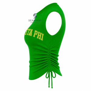 Chi Eta Phi Sorority Women's Bling Rhinestone Ribbed Tank <b>Top</b> Ruched Side Crew Neck <b>Raglan</b> Cap Sleeve Casual Crop <b>Top</b> - Product Image 3