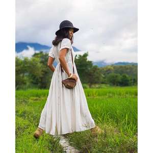 Robe midi décontractée en lin et coton pour femme, style bohème, manches courtes, boutonnée sur le devant, coupe ample, longue, pour l'été - Product Image 3