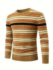Pull décontracté rayé pour homme, col rond, coupe ajustée, rayures horizontales multicolores, tricot chaud pour l'automne et l'hiver - Product Image 3