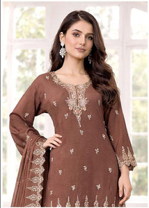 Brown Embroidered Salwar Kameez Set Pakistani Dress Traditional Formal Wear With <b>Shawl</b> for <b>Wedding</b> Ceremony - Product Image 2