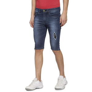 Shorts de Mezclilla para Hombre, Lavado Oscuro, con Rasgaduras en las Rodillas, Textura Desgastada, Corte Ajustado, Tejido Elástico y Duradero - Product Image 1
