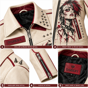 Beige Burgundy Trim <b>Women</b> Genuine Leather Biker Jacket Custom Graphic Printed Spike Stud Collar Outerwear OEM Factory Supplier - Product Image 6