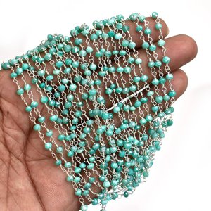 Chaîne de chapelet en larimar hydrofugé, perles rondelles facettées de 3 mm, fil plaqué argent, chaîne en vrac pour la fabrication de bijoux - Product Image 2