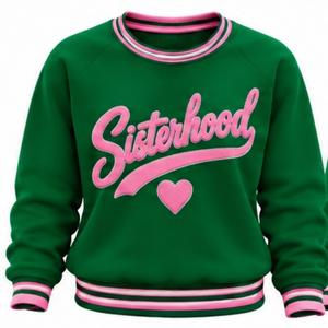 Green Women Casual Crewneck <b>Sweatshirt</b> Sisterhood Graphic <b>Heart</b> Design Knitted Rib Trim Long Sleeve Pullover Custom Fashion - Product Image 1
