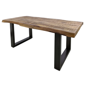 Table de salle à manger moderne pour la maison, la cuisine ou le bureau, avec plateau en bois de manguier massif, finition brute, surface lisse, pieds en métal en forme de U - Product Image 4