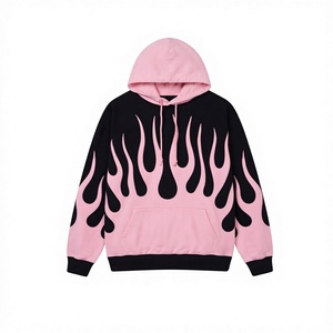 <b>Men's</b> Oversized Pink <b>Black</b> Flame Print Hoodie Cotton French Terry Streetwear Pullover <b>Sweatshirt</b> - Product Image 1