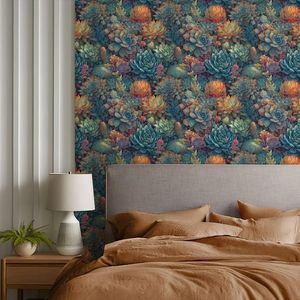 Papel Tapiz Autoadhesivo Vintage Colorido, Diseño de Plantas Suculentas y Flores en Verde/Rojo/Amarillo, Hoja Individual - Product Image 4