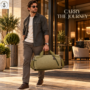 Olive Khaki <b>Canvas</b> Duffel Travel Bag with Padded Handles | Barrel Weekender <b>Holdall</b> with Angled Front Zipper and Shoulder Strap - Product Image 3