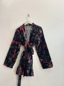 Veste blouson en velours à imprimé floral, manches longues, manteau d'automne pour femme avec ceinture, design plissé - Product Image 3