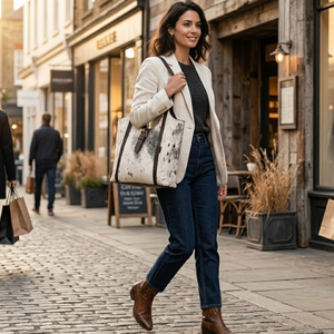 Premium Genuine Cowhide Leather <b>Tote</b> Bag | Brown & White Hair-On Shoulder Handbag for Women, Large Capacity Designer Carry Bag - Product Image 3