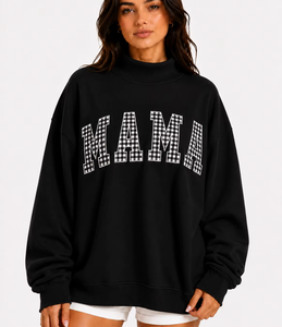 <b>Womens</b> Oversized Mock Neck Sweatshirt <b>Fleece</b> Gingham Stitch Design Custom Embroidered Detail Cozy Casual Pullover <b>Top</b> - Product Image 2