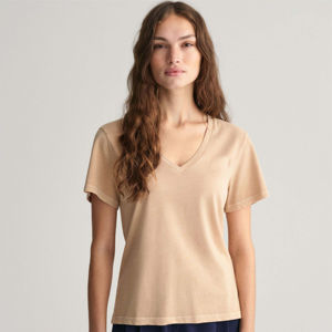 เสื้อยืดคอวีทรงเข้ารูปลำลองสำหรับผู้หญิง เนื้อผ้านุ่ม ระบายอากาศดี เหมาะสำหรับฤดูร้อน เป็นมิตรต่อสิ่งแวดล้อม ตกแต่งด้วยโลโก้ ผลิตจากผ้าฝ้าย 100% น้ำหนักเบา แห้งเร็ว - Product Image 1