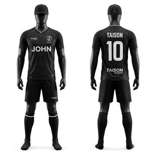 Premium 180 GSM Polyester Soccer Uniform Black Geometric Texture Breathable Custom Sublimation Kit - Product Image 1