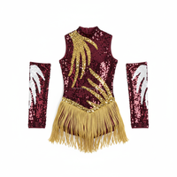 Justaucorps de majorette personnalisé pour femme, bordeaux, avec franges à sequins dorés et manches, costume de danse OEM