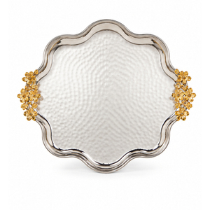 Plateau de service en acier inoxydable martelé avec poignées dorées en forme de fleur, plat décoratif en métal argenté pour mariage, maison, hôtel - Product Image 6