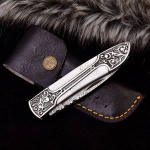 Damascus Steel Folding <b>Knife</b> Engraved Handle Vertical Carry Sheath <b>Pocket</b> <b>EDC</b> Hunting Camping Drop Point <b>Knife</b> Custom OEM <b>Knife</b> - Product Image 3
