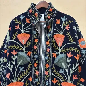 Artisan Handmade Navy <b>Velvet</b> Floral Suzani <b>Coat</b> <b>Women's</b> Ethnic Bohemian Open Front Fashion Festival Jacket - Product Image 2