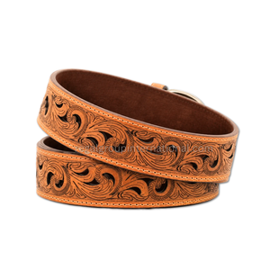 Wholesale Western Cowboy Leather <b>Belt</b> for Men Women Tan Brown Floral Tooled Cutout <b>Belt</b> with Antique <b>Silver</b> Engraved <b>Buckle</b> - Product Image 2