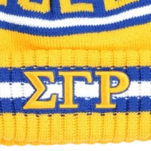 Gorro de Invierno Personalizado de la Hermandad Sigma Gamma Rho, Dorado y Azul, con Letras Griegas Bordadas de 1922, con Pompón, Tejido, Cálido y con Borde - Product Image 3