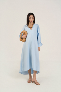 เดรสลำลองทรงตรงลายทางเต็มตัว ผ้าป๊อปลินคอวี แขนปกติ ผ้าฝ้าย 100% ซักเอนไซม์แล้ว ใส่สบายช่วงฤดูร้อน ความยาวปานกลาง ทรงหลวม เรียบง่าย - Product Image 6