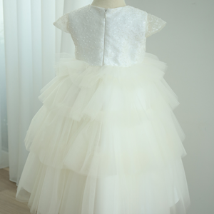 Vestido de Noche de Lujo Blanco con Cuello Redondo hasta la Rodilla para Niñas, Bordado a Mano con Flores, Tutú, Mangas Cortas, Suministro ODM, Niños-Layla - Product Image 4