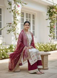 Ensemble Salwar Suit Traditionnel Indien et Pakistanais pour Femme, en Soie Brodé et Gaufré, Longueur Ras du Sol, Idéal pour Mariages et Fêtes, Coupe Classique - Product Image 3