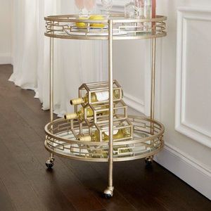 Contemporary Gold Iron Beverage Cart with Glass Shelves and Wheels Rolling <b>Serving</b> <b>Trolley</b> for Home Kitchen Dining Area Storage - Product Image 3