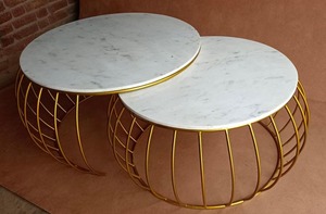 Metal With Marble Coffee <b>Table</b> Set of Two Nesting <b>Tables</b>: <b>Round</b> Wooden Top with Marble Finish for Living Room and Office-<b>White</b> G - Product Image 1