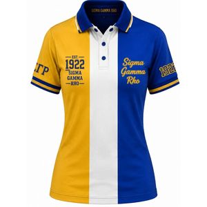 Camiseta Polo de 3 Paneles para Mujer, Sigma Gamma Rho, Azul Rey, Dorado y Blanco, Bloques de Color, Letras Griegas Personalizadas, Manga Corta, Ropa de Equipo de Hermandad - Product Image 1