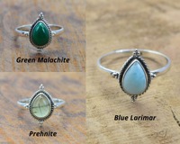 Anillo de Plata de Ley de Alta Calidad con Piedra de Pera, Larimar, Ónix, Ojo de Tigre, Cornalina, Prehnita, con Engaste de Bisel y Forma de Lágrima