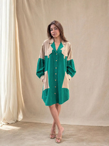 Vestido Camisero de Satén para Mujer, Verde Beige con Bloques de Color en Contraste, Manga Larga, Cierre de Botones, Corte Holgado, para Oficina, Casual, Uso Diario - Product Image 2