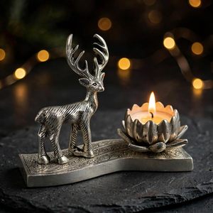 Support de bougie décoratif en aluminium plaqué argent, motif cerf et lotus, pour décoration intérieure, centre de table, fête - Product Image 3