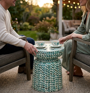 Handcrafted Mother of Pearl Inlay Geometric Side <b>Table</b> <b>Stool</b> Accent Modern Boho Coastal Decorative Furniture from Vietnam - Product Image 6