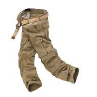 Celana Cargo Katun Pria, Model Longgar, Banyak Kantong, Gaya Workwear, Pinggang Elastis, Kancing Depan, Berat Sedang, Kasual Musim Semi, Tenun Datar